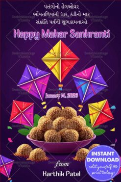 Colorful Makar Sankranti Artwork with Festive Sweets and Kites