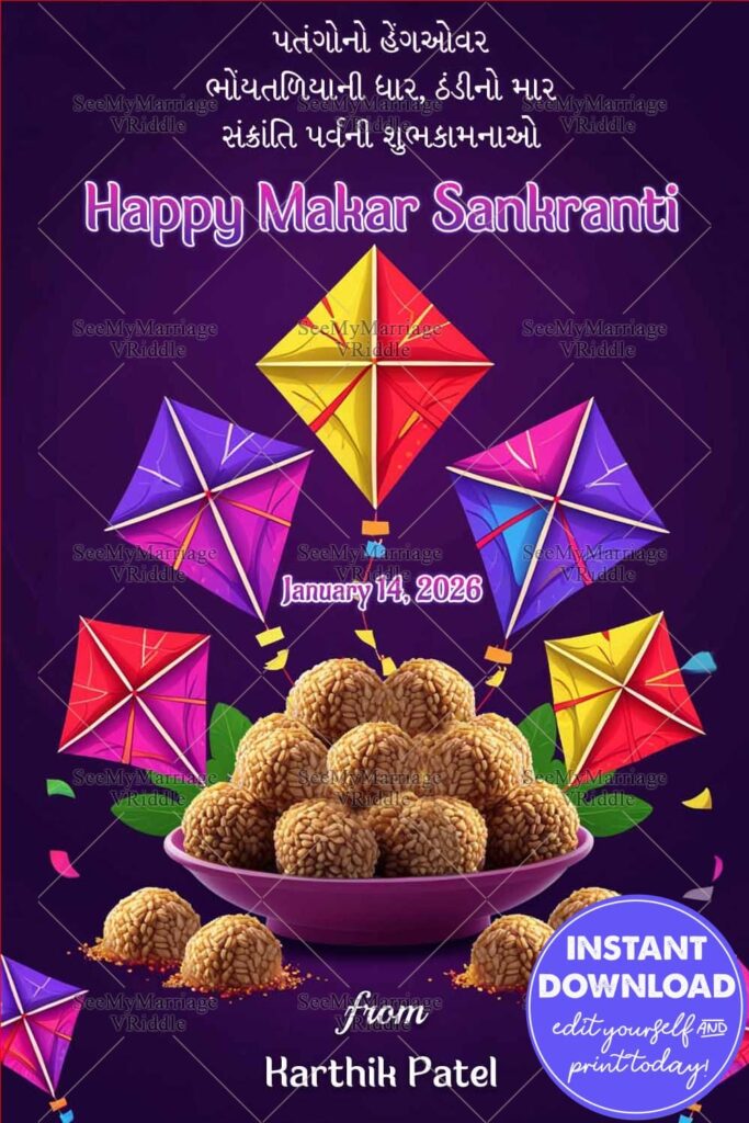 Colorful Makar Sankranti Artwork with Festive Sweets and Kites