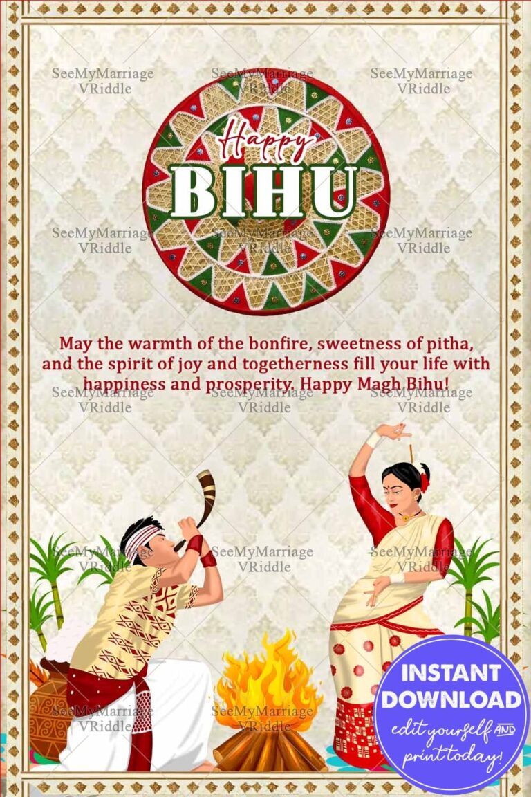 Festive Magh Bihu Celebration Greeting Card with Bonfire and Traditional Dance