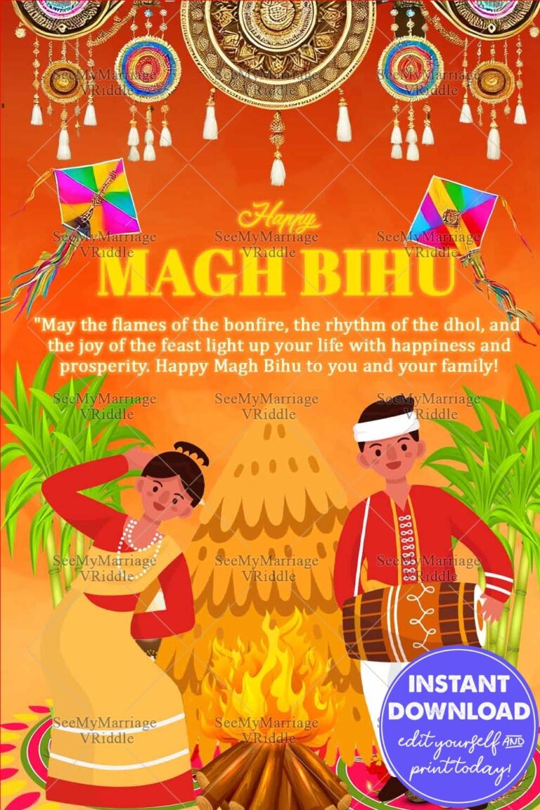 Joyful Magh Bihu Greeting Card with Dhol, Bonfire, and Assamese Art