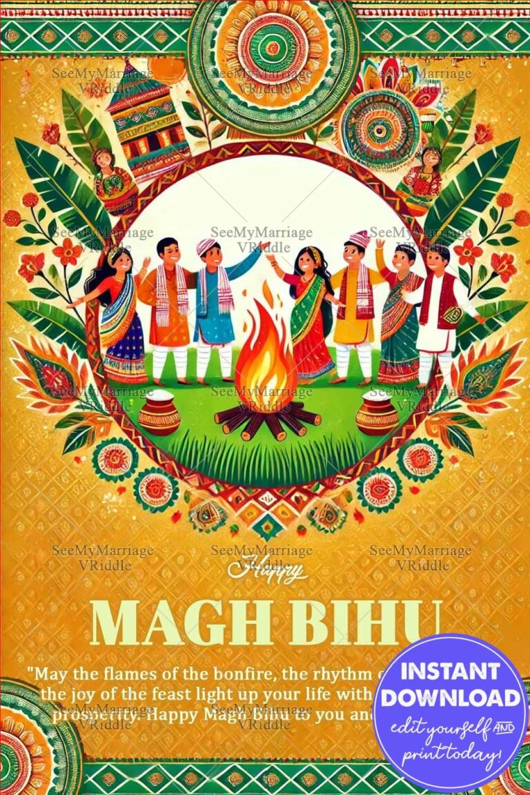 Vibrant Magh Bihu Celebration Greeting Card with Folk Dance and Bonfire