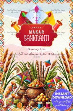 Vibrant Harvest Makar Sankranti Greeting Card with Kites and Sweets, Sugarcane