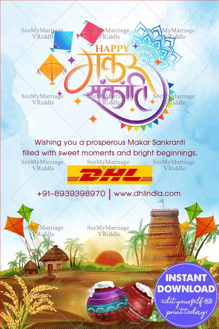 Traditional Festive Makar Sankranti Greeting Card with, Harvest Pots and Gopuram