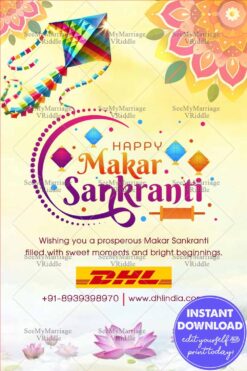 Bright Festival Makar Sankranti Greeting Card with Lotus Theme and Kites