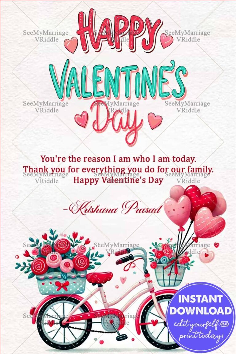 Romantic Bicycle Valentine's Day Greeting Card with Flowers & Heart Balloons