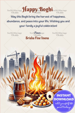 Festive Bhogi Celebration Greeting Card with Harvest, Bonfire and Dhols