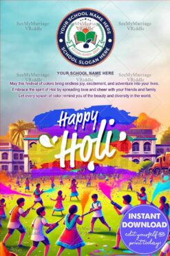 Holi Celebration Invitation with Colors and School Students Playing With Water Guns