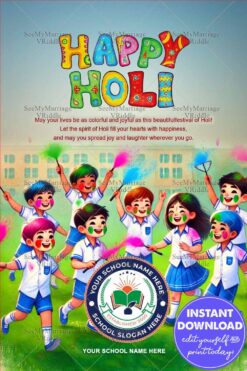 School Children Playing with Colors Holi Celebration Invitation with Happy Faces and Festive Vibes