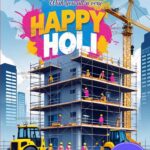 Construction Theme Holi Greeting with Building Site, Workers and Cranes