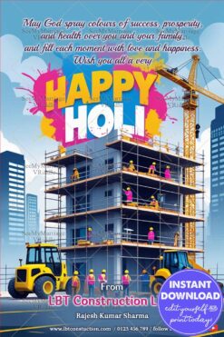 Construction Theme Holi Greeting with Building Site, Workers and Cranes
