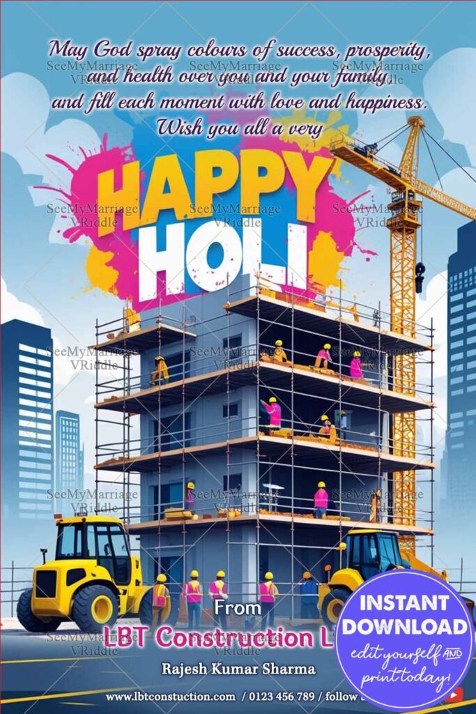 Construction Theme Holi Greeting with Building Site, Workers and Cranes