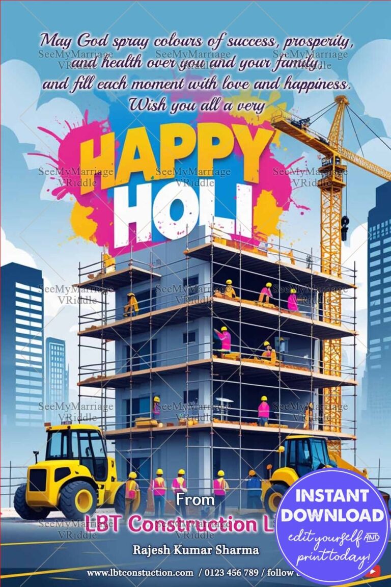 Construction Theme Holi Greeting with Building Site, Workers and Cranes