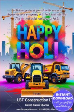 Construction theme Holi greeting with festive vibes