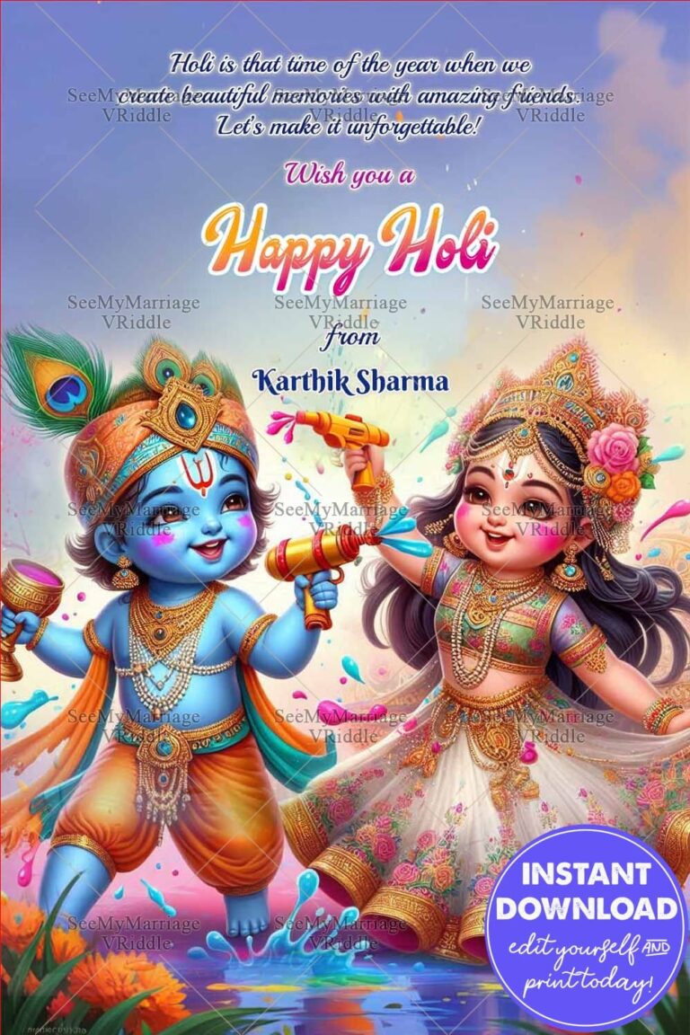 Krishna and Radha Illustrated Holi Greeting Card with Creating Beautiful Memories with Friends