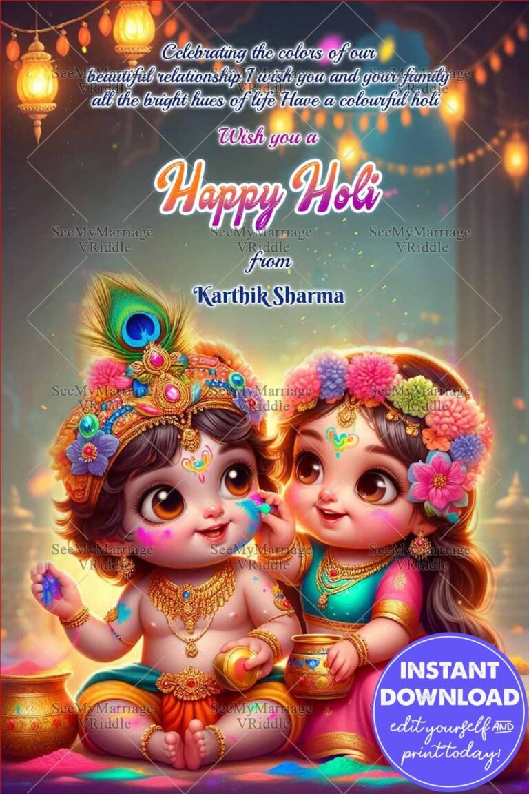 Warm Golden Lights Holi greeting with Baby Krishna-Radha and Festival Colors
