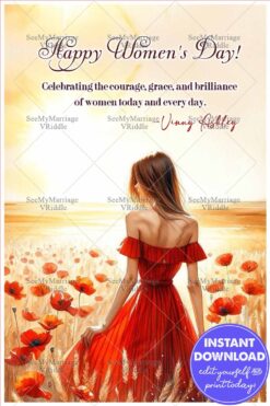 Woman Walking in Red Poppies Fields Womens Day Greeting