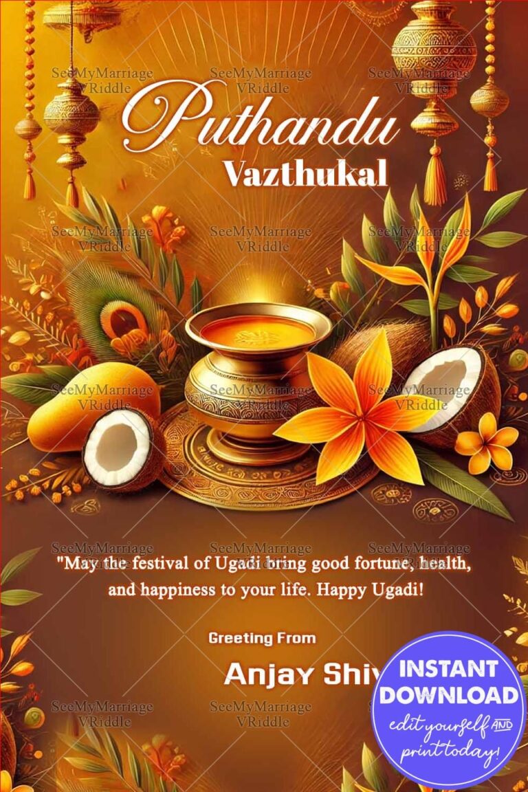Golden Theme Puthandu Vazthukal Greeting Card with Kalash, Mangoes, Coconuts and Flowers