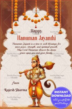 Brownish-Orange Theme Hanuman Jayanti Greeting Card with Lord Hanuman is Illustrated and Gada