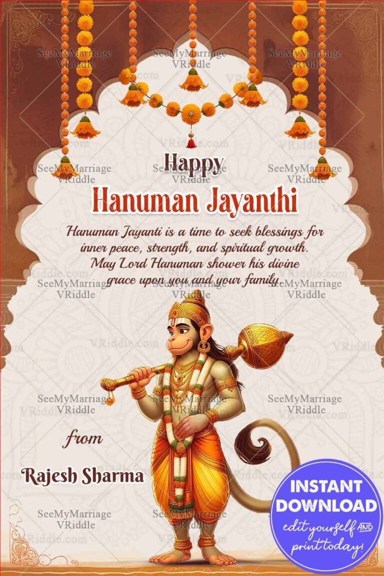 Brownish-Orange Theme Hanuman Jayanti Greeting Card with Lord Hanuman is Illustrated and Gada