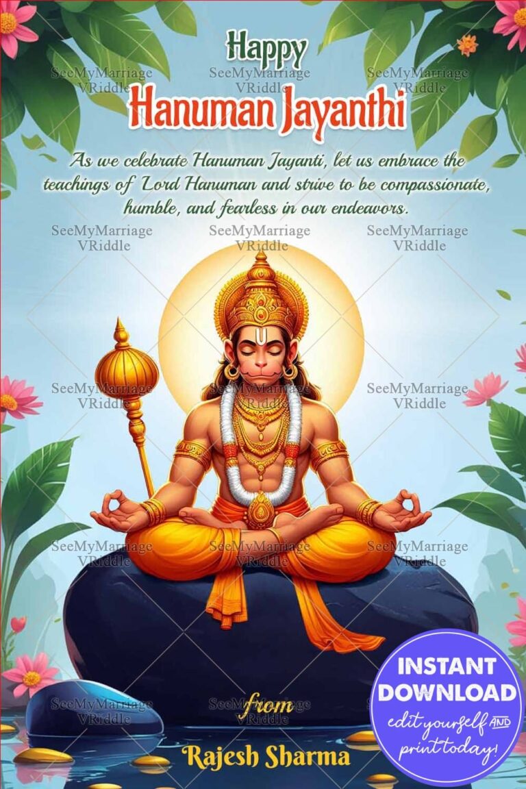 Hanuman Jayanti Greeting Card with Lord Hanuman Seated in a Meditative Posture on a Black Stone