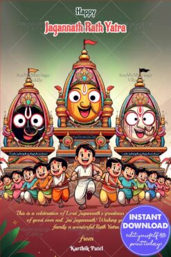 Jagannath Rath Yatra Greeting Wishes with Lord Jagannath, Balabhadra, Subhadra and Chariot Illustration