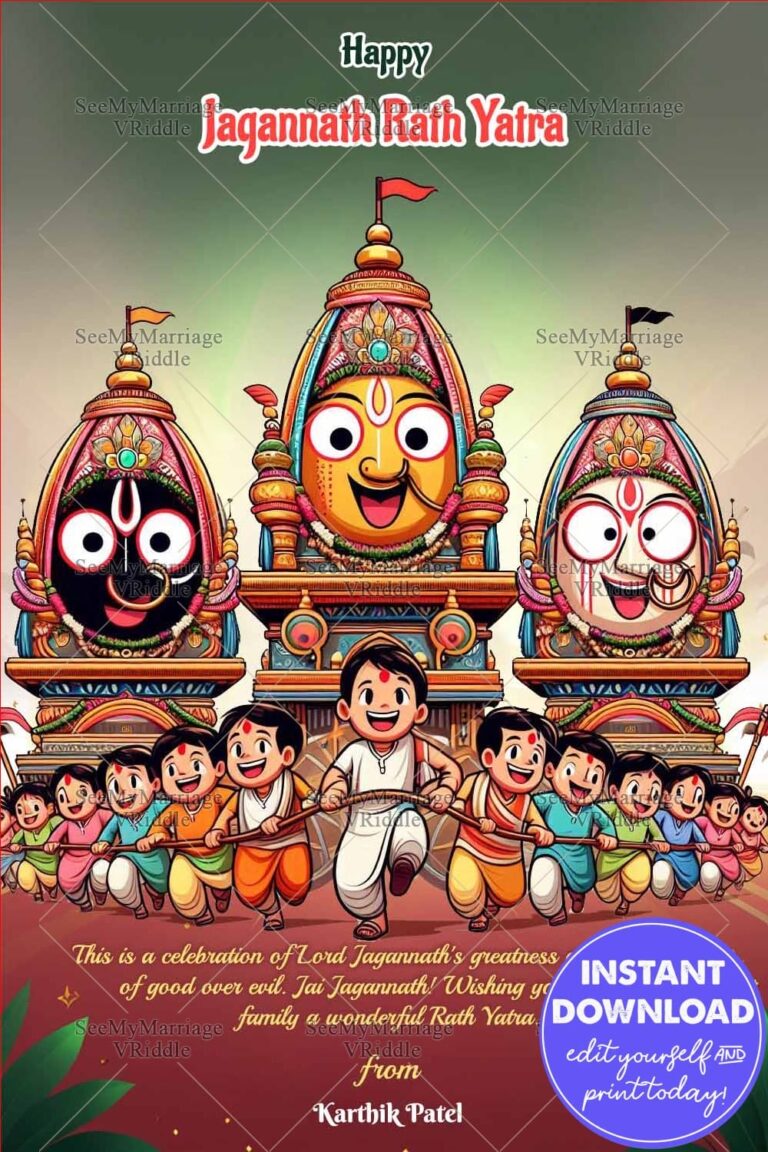 Jagannath Rath Yatra Greeting Wishes with Lord Jagannath, Balabhadra, Subhadra and Chariot Illustration
