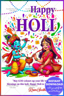 Joyful Holi Greetings with Little Krishna and Radha – A Celebration of Colors and Divine Blessings