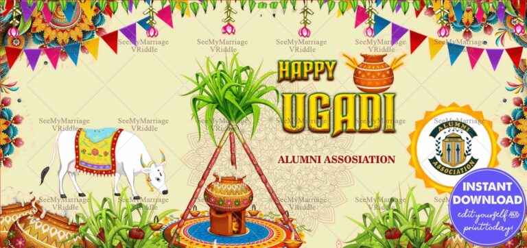 Ugadi Festival Banner with Pot and Sugarcane