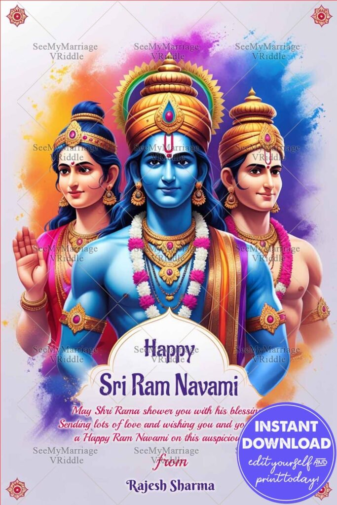 Sri Ram Navami Greeting card with Lord Rama, Sita Mata and Lakshmana Theme