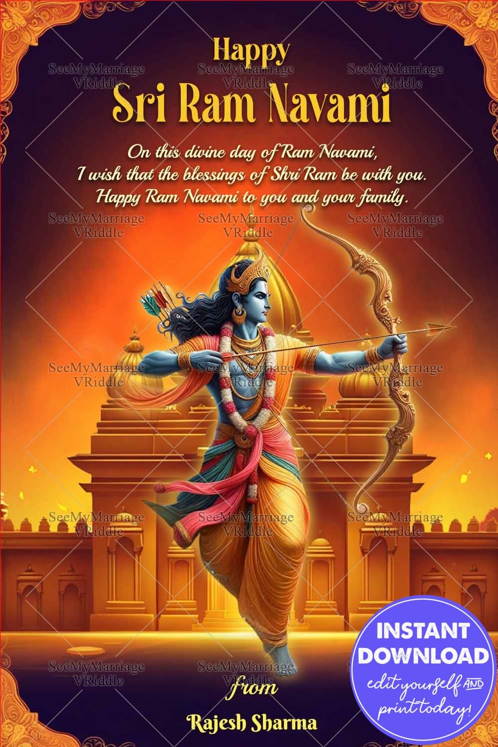 Orange and Golden Theme Sri Ram Navami Greeting Wishes with Temple Backdrop, Bow and Arrow