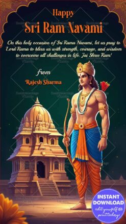 Lord Rama & Temple Sri Ram Navami Greeting Card with Green Theme, Bow and Arrows