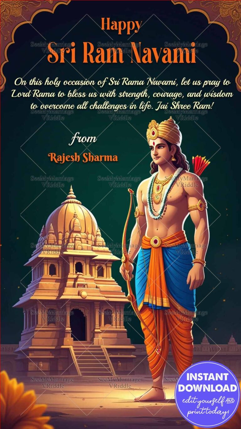 Lord Rama & Temple Sri Ram Navami Greeting Card with Green Theme, Bow and Arrows