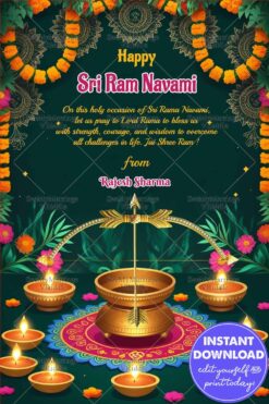Golden Bow and Arrow Rama Navami Greeting card with Oil Lamps, Green Foliage and Flowers