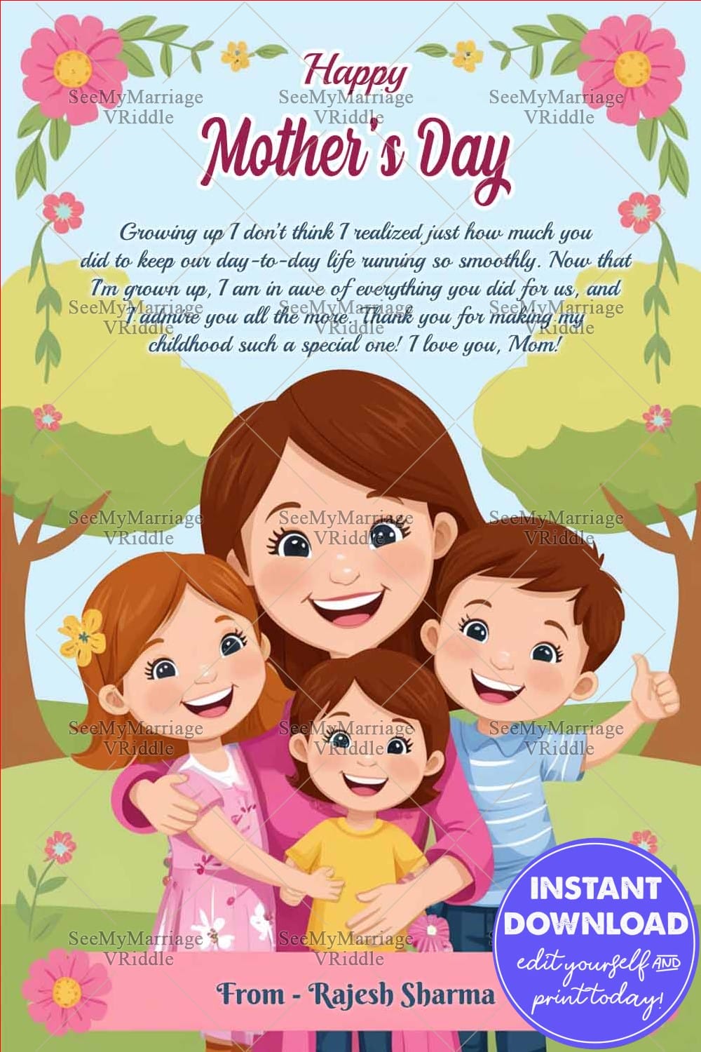 Mother’s Day Greeting Card with Mother Surrounded by Her Three Smiling Children
