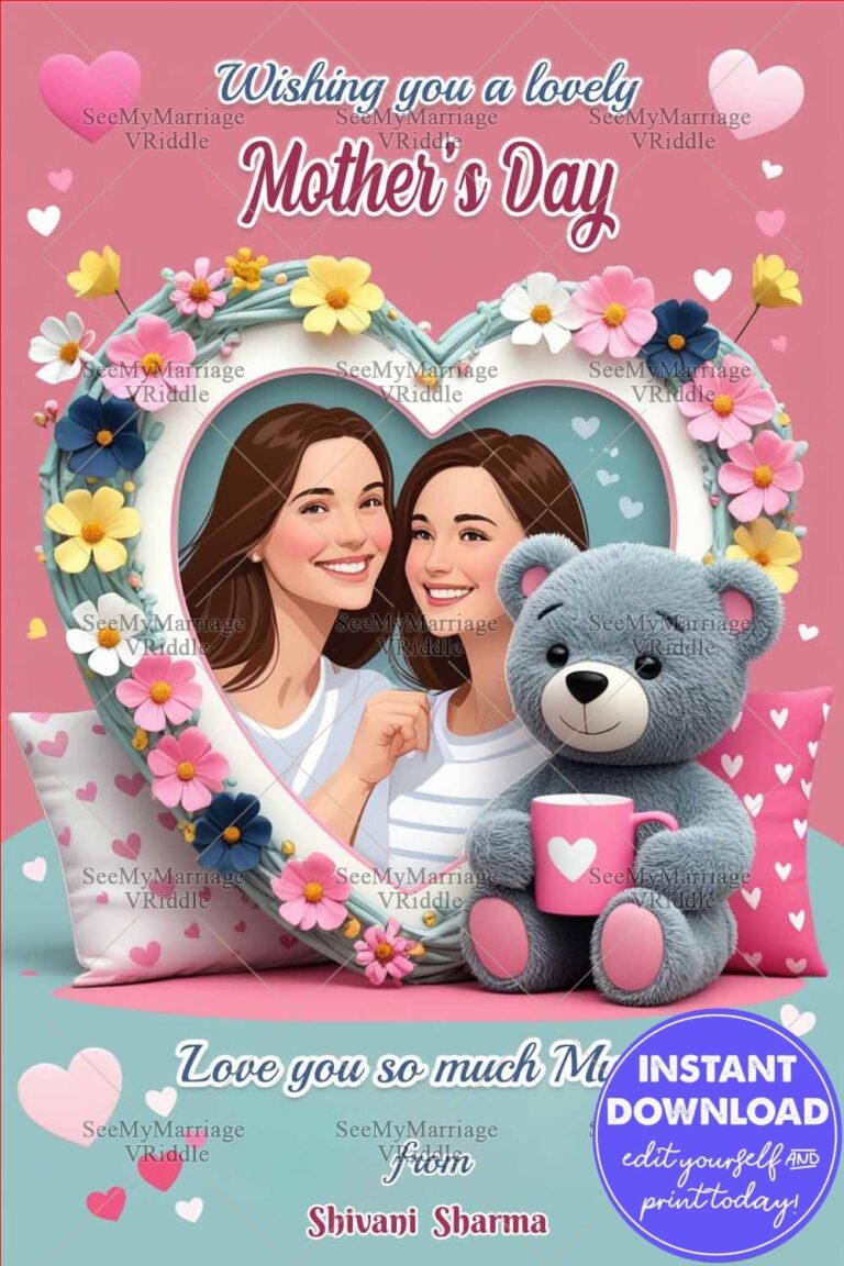 Heart Frame Mother's Day Greeting Card with Add Photo, Teddy Bear Charm and Floral Accent