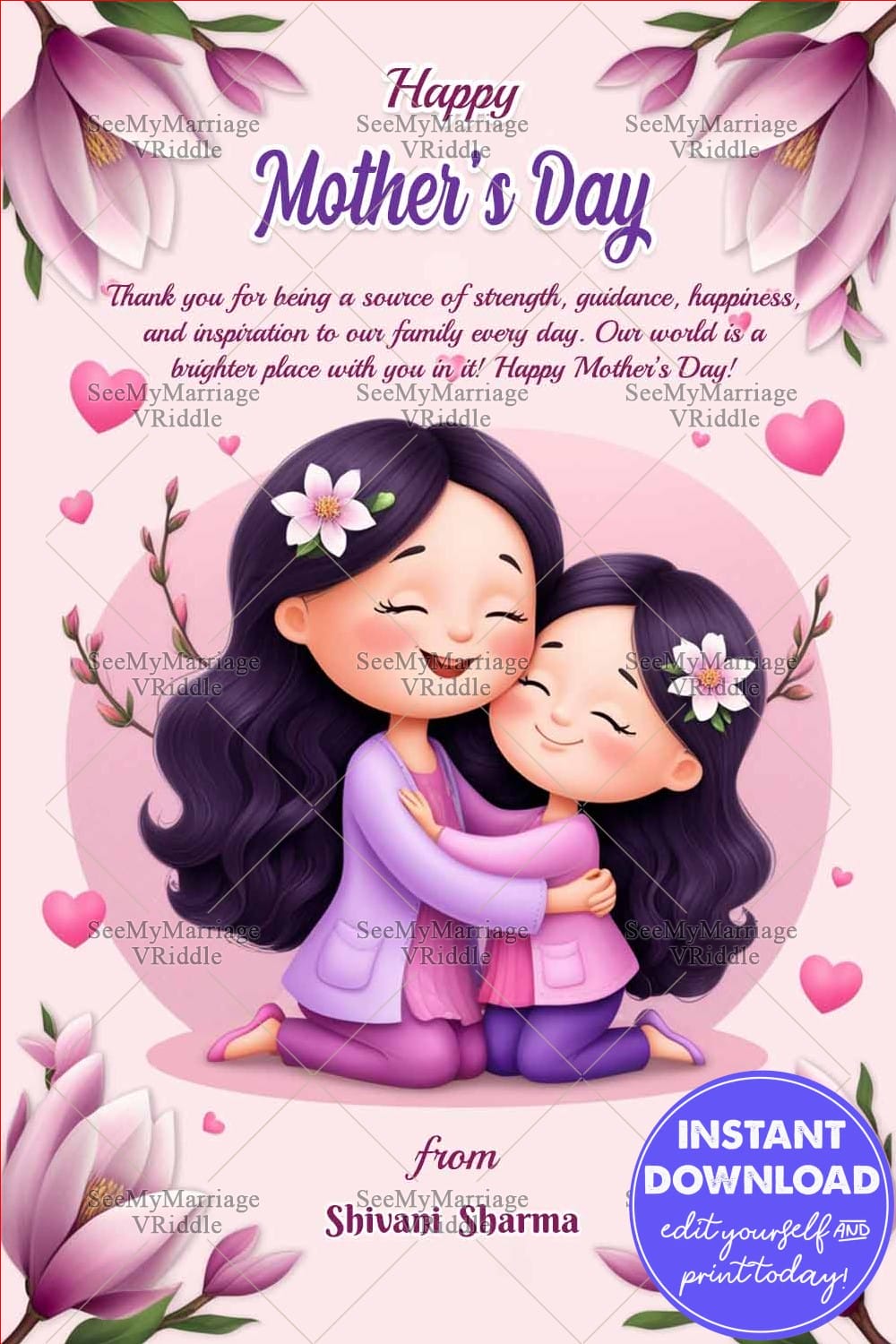 Mother’s Day Greeting Card with Mother & Daughter Whimsical Hug, Blooming Magnolia Flowers