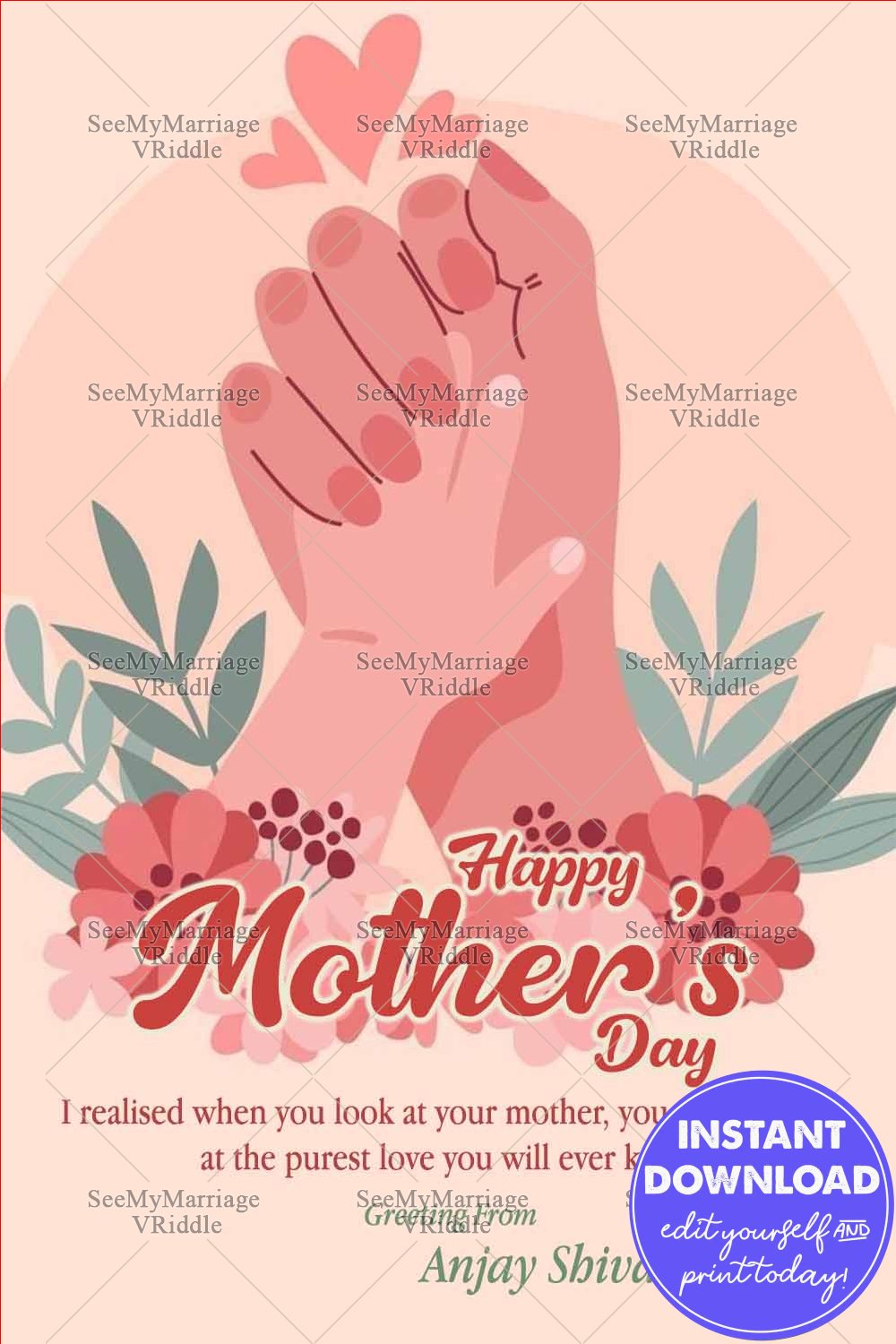 Happy Mother's Day Card Featuring Tender Hand-in-Hand Artwork with a Loving Message