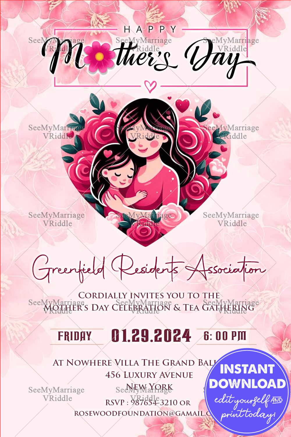 Happy Mother’s Day Celebration Invitation with Heartwarming Mother-Child Illustration and Floral Pink Background