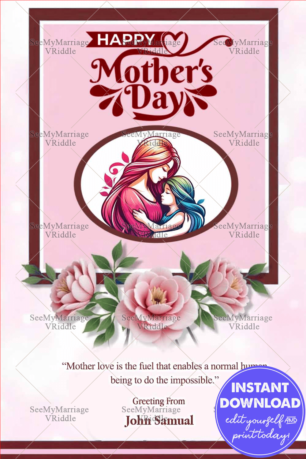 Happy Mother's Day Floral Frame Greeting with Embracing Mom and Child Illustration