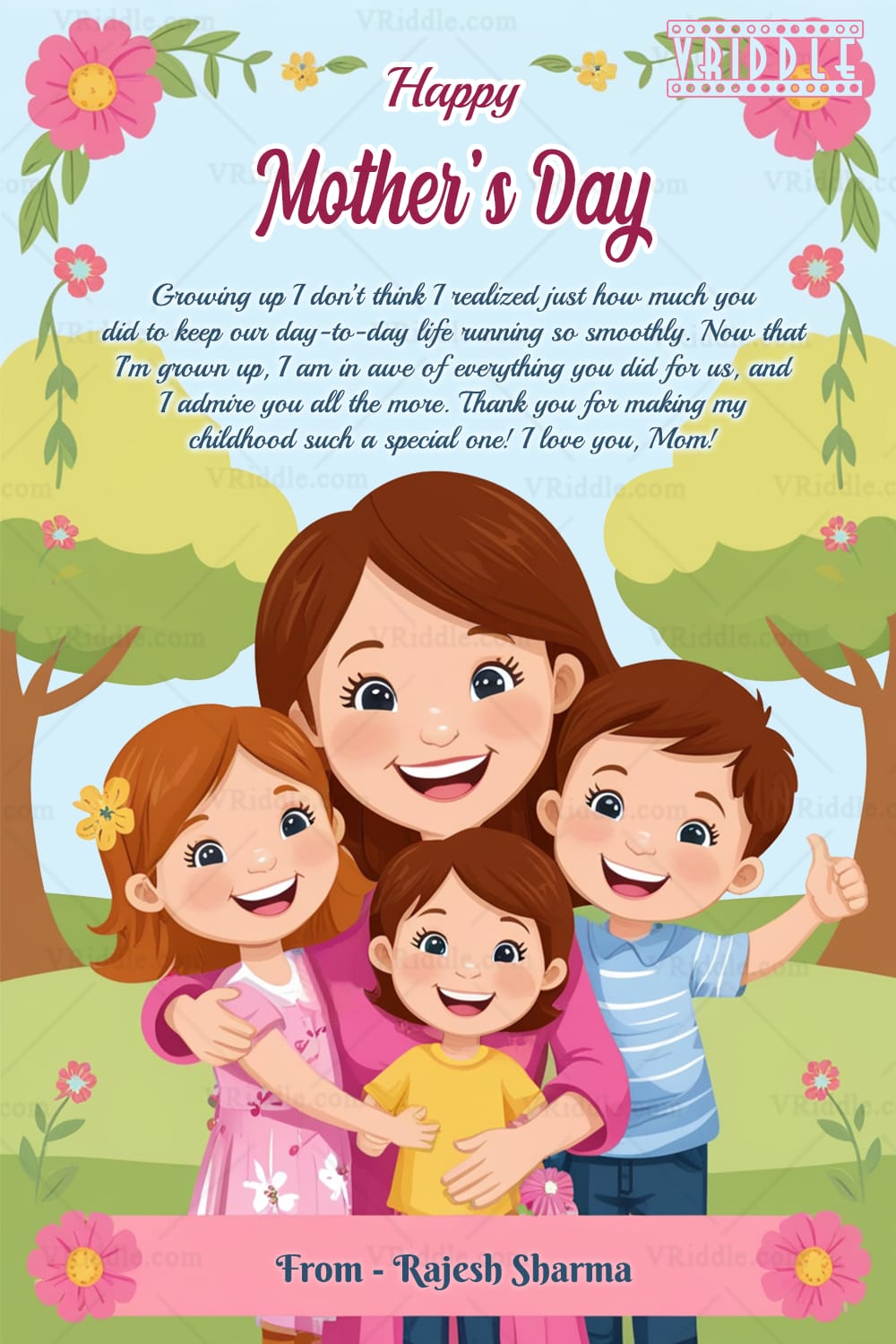 Mother’s Day Greeting Card with Mother Surrounded by Her Three Smiling Children