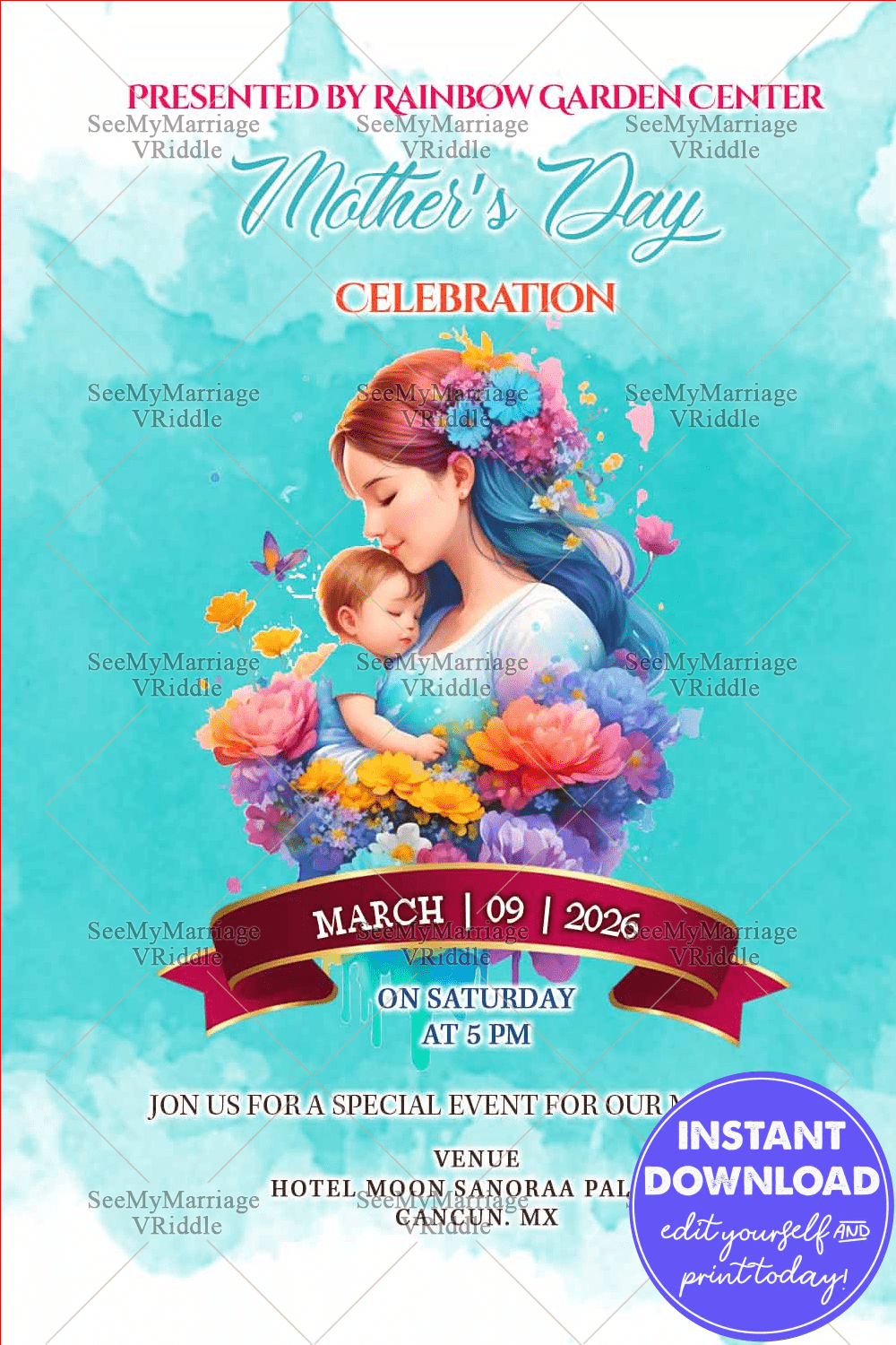 Mother’s Day Invitation with Kid in Watercolor Style and Floral Elements on Blue Background