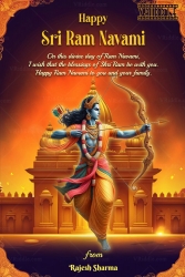Orange and Golden Theme Sri Ram Navami Greeting Wishes with Temple Backdrop, Bow and Arrow
