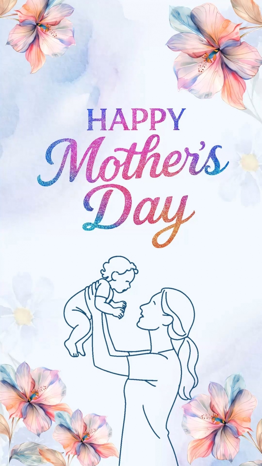 Silhouette Theme Mother's Day Greeting Video with Watercolor Flowers, Minimalist Mom and Baby Illustration