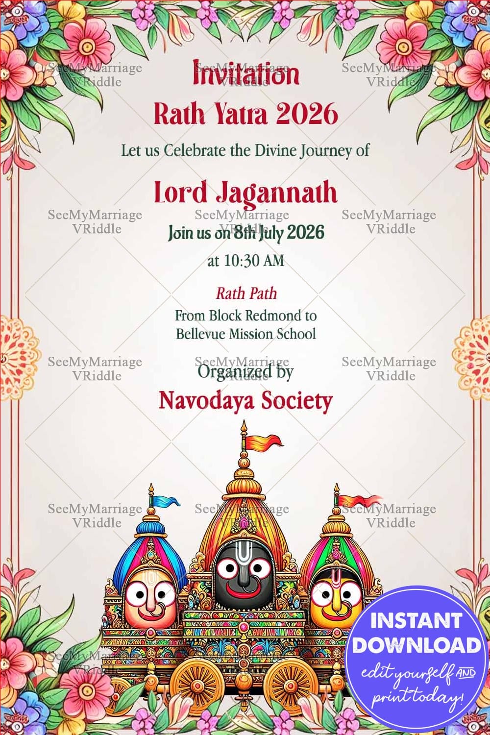 Balabhadra and Subhadra Lord Jagannath Rath Yatra Invitation Card
