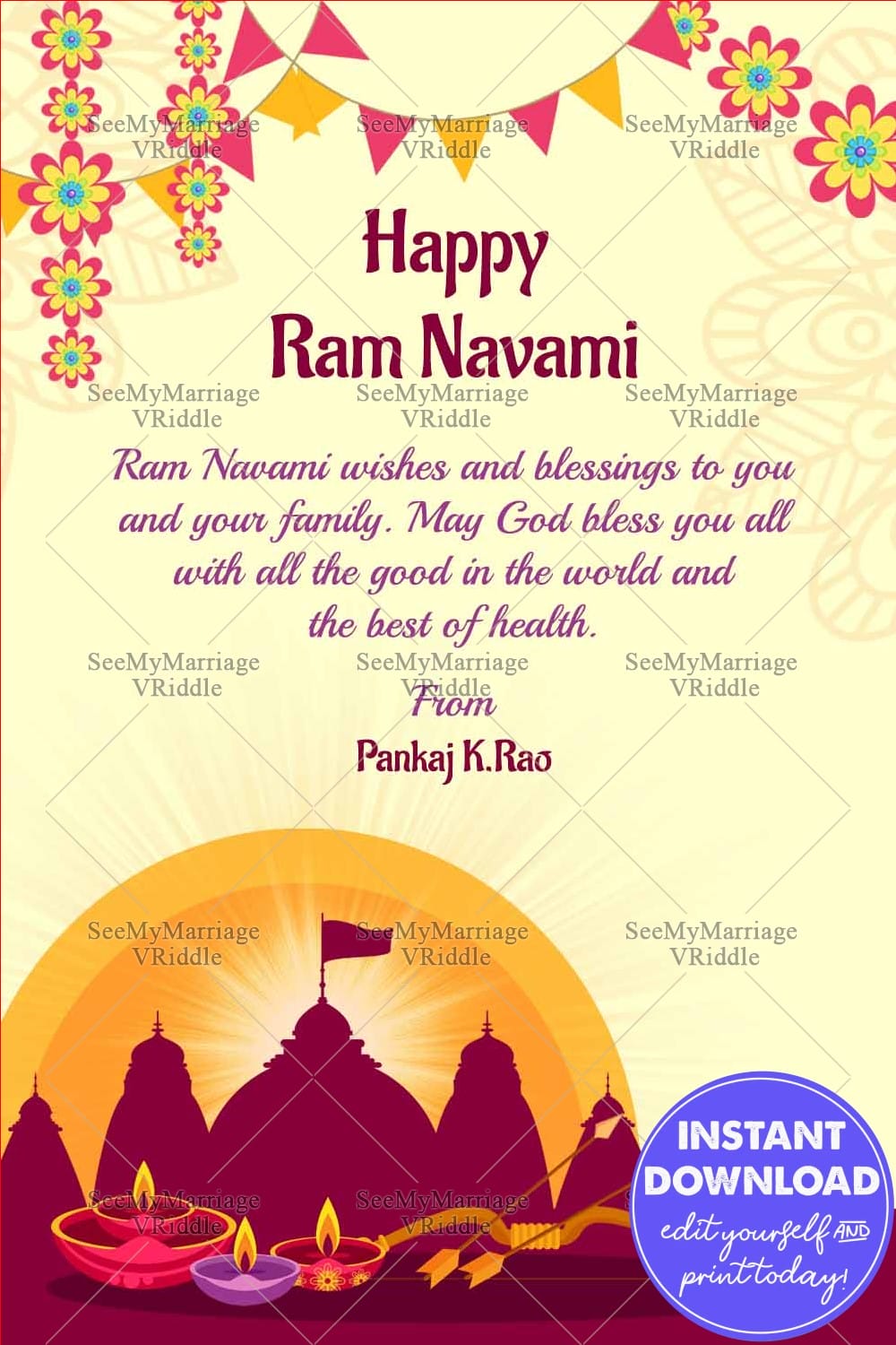 Temple Silhouette Ram Navami Greeting with Festive Design, Diyas, Bow & Arrows