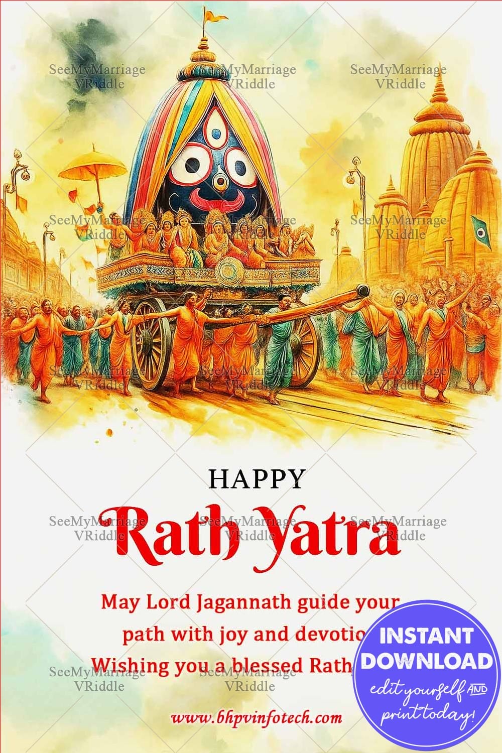 Rath Yatra Festival Greeting with Lord Jagannath Chariot and Temple Background
