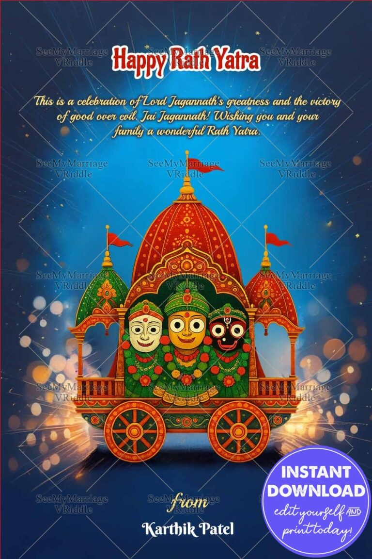 Glowing Blue Theme Rath Yatra Greeting Card with Decorative Wheels and Lights