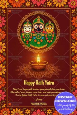 Maroon Theme Rath Yatra Greeting Card with Lord Jagannath, Balabhadra, Subhadra Illustration and Diya, Mandala