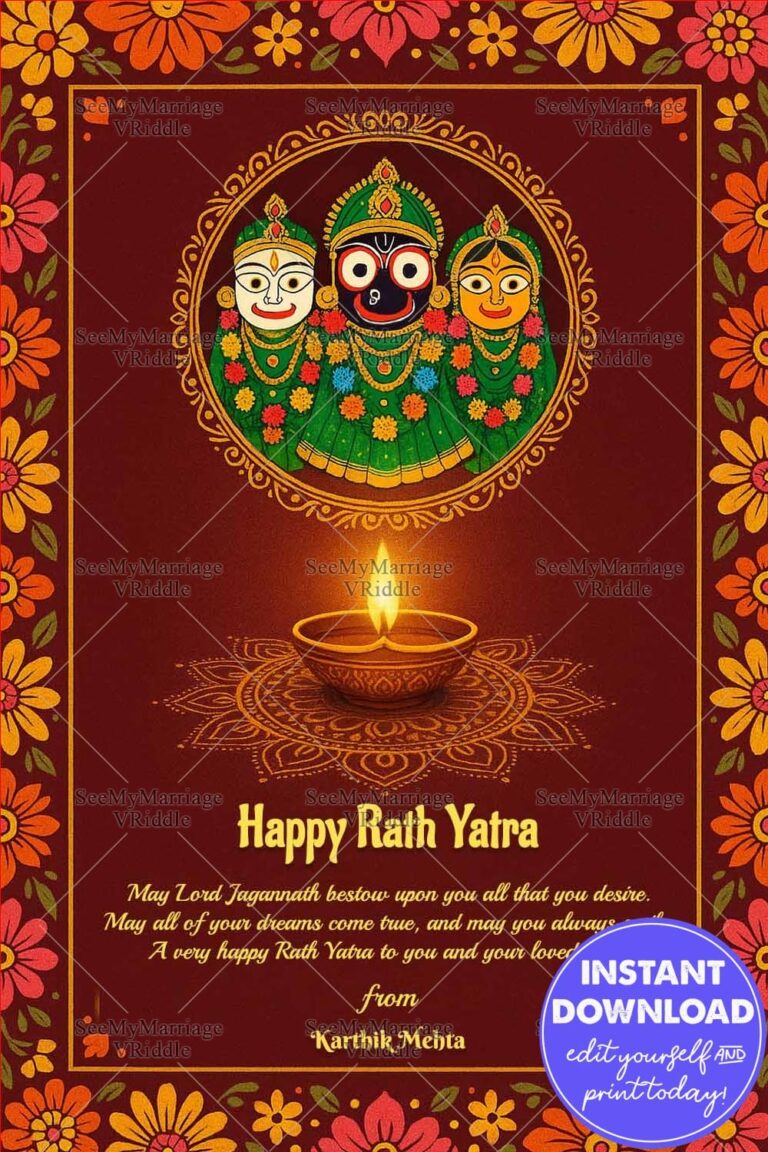Maroon Theme Rath Yatra Greeting Card with Lord Jagannath, Balabhadra, Subhadra Illustration and Diya, Mandala