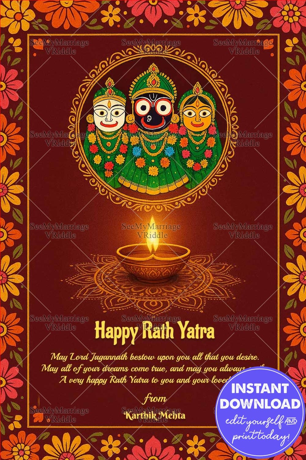 Maroon Theme Rath Yatra Greeting Card with Lord Jagannath, Balabhadra, Subhadra Illustration and Diya, Mandala